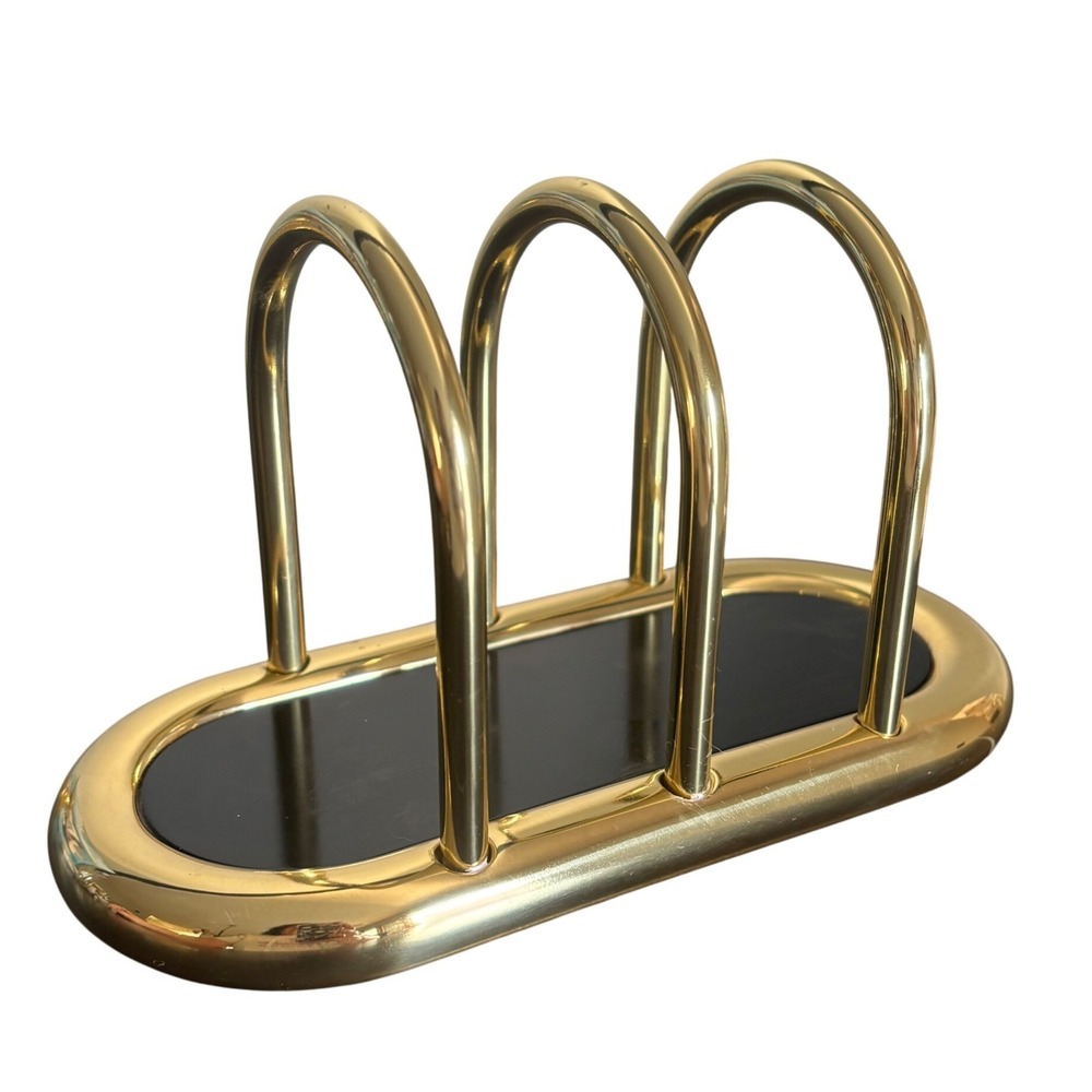 Vintage Brass and Black Lacquer Letter Holder | Weighted Desk Mail Organizer